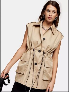 Topshop Sleeveless Utility Vest in Beige with Drawstring